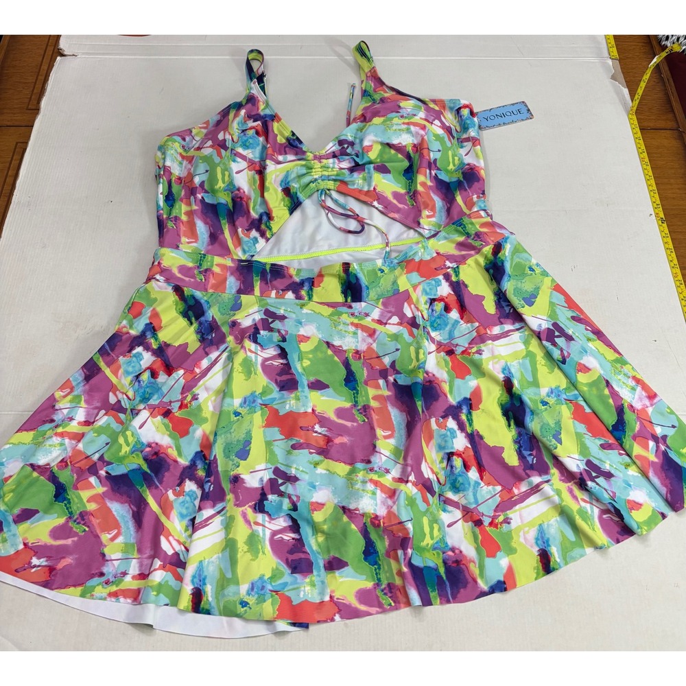 Yonique Swim Dress One Piece Abstract Splatter Print Cutout Swimsuit Multi Color